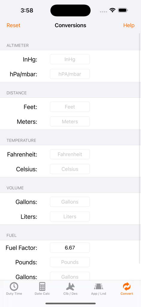 Pilot Duty & Performance Calc - 高度計、距離、温度、体積、燃料の単位を示す航空換算インターフェース。
