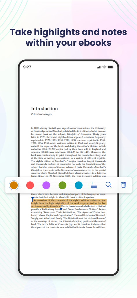 Kitaboo Player app interface showing a user highlighting text in an ebook with a colorful annotation toolbar