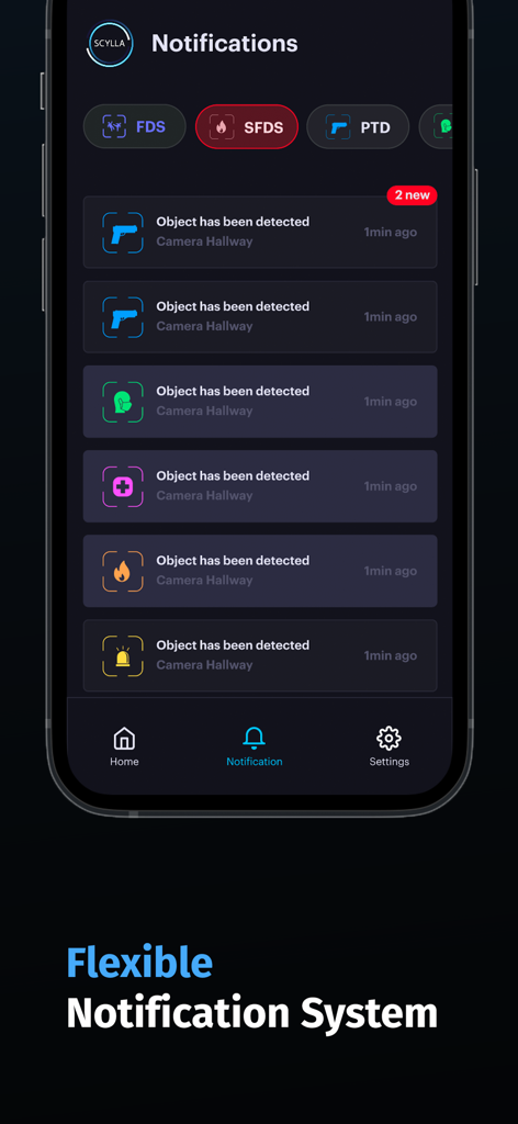 Scylla AI - Scylla AI mobile app screen displaying a list of real-time security alerts and a flexible notification system.