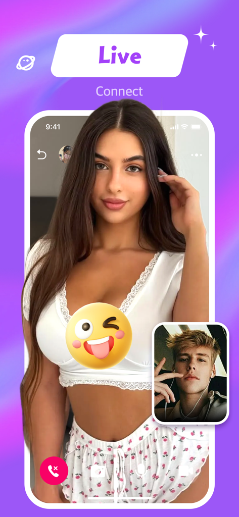 Hacla - Adult, Chat, Connect - Hacla app live video call interface showing a woman and a man connecting
