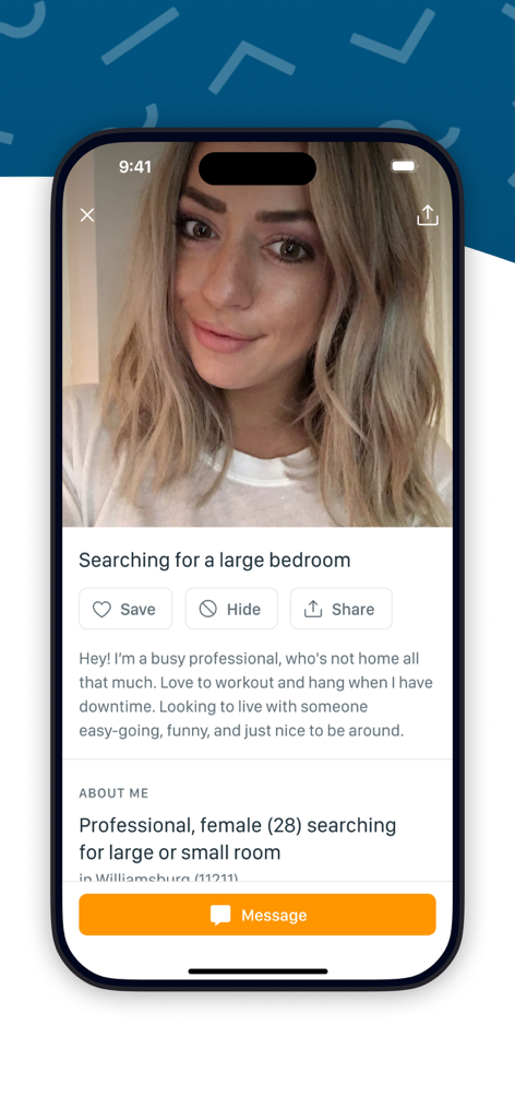 SpareRoom US - Profile of a professional woman searching for a room in Brooklyn on the SpareRoom US app
