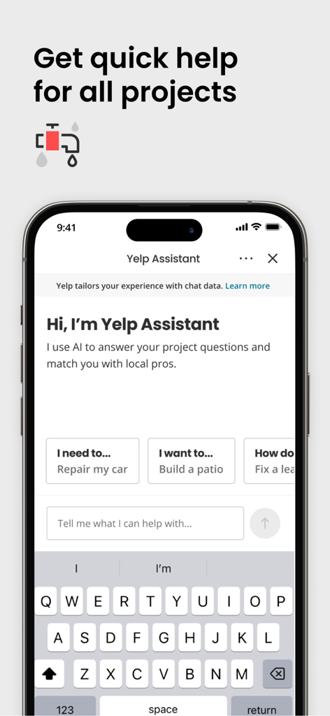 A interface de chat de IA do Assistente Yelp em um telefone móvel mostrando opções de solicitação de serviço para reparos domésticos e serviços de automóveis.