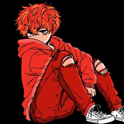 a male hoddie ripped jeans messy hair anime
