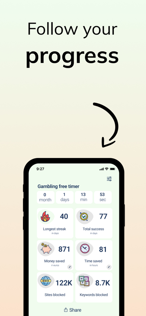 Gambling Block Quit Bet Casino - A dashboard showing a gambling free timer, money saved, and total blocked sites and keywords.