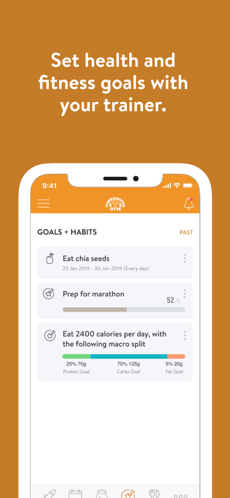 Powerhouse Gym. - Powerhouse Gym app screen showing health goals and habit tracking for marathon prep and daily nutrition