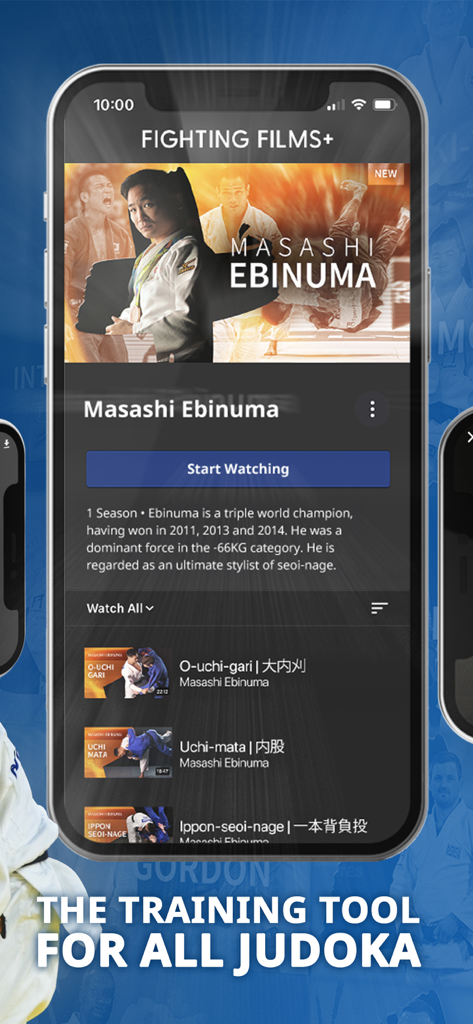 Fighting Films+ - Interface d'application d'entraînement de judo présentant des masterclasses du champion du monde Masashi Ebinuma
