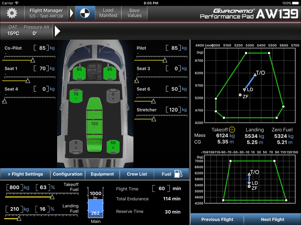 Weight and balance calculation for an AW139 helicopter on Gyronimo Flight Pad.