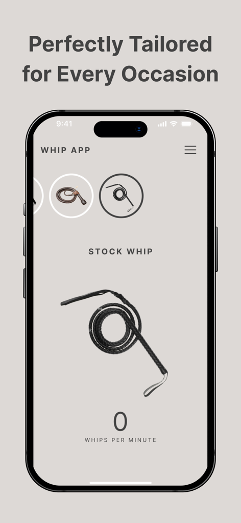 Whip Whip - Whip Whip app interface showing a stock whip selection and a counter for whips per minute