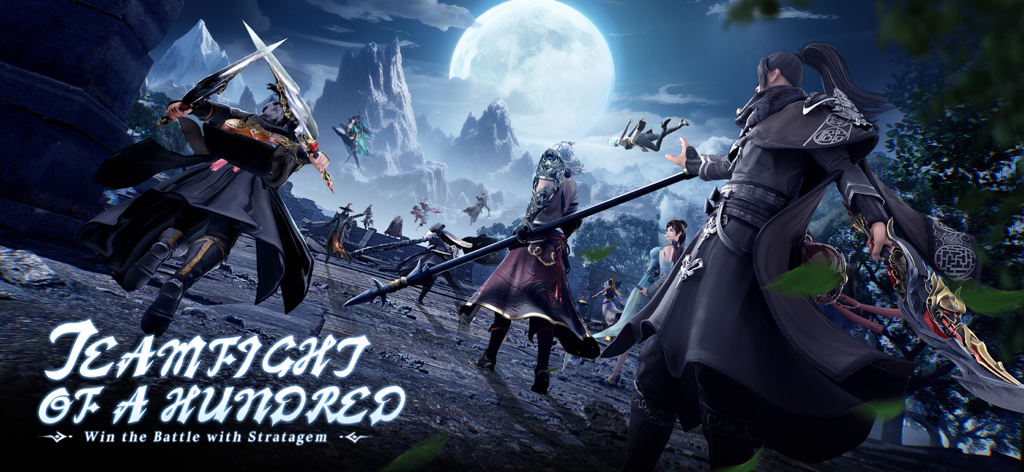 Personagens se preparando para uma batalha massiva de cem pessoas sob uma lua cheia em Ancient Seal The Exorcist.