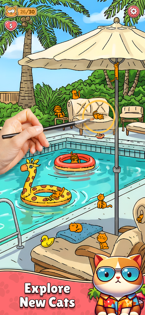 Find The Cat 2 - Spot It! - Um nível de quebra-cabeça de objetos escondidos com gatos laranjas escondidos ao redor de uma piscina e espreguiçadeiras.