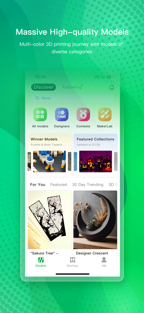 Bambu Handy App zeigt eine Bibliothek von hochwertigen 3D-Modellen für den Fern-Druck.
