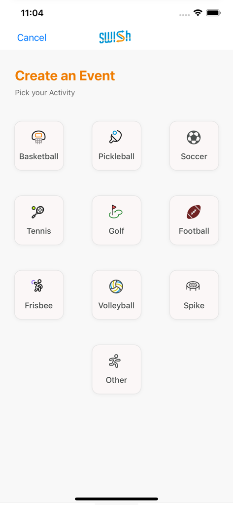 Interface showing various sports options for creating a new event in the Swish app