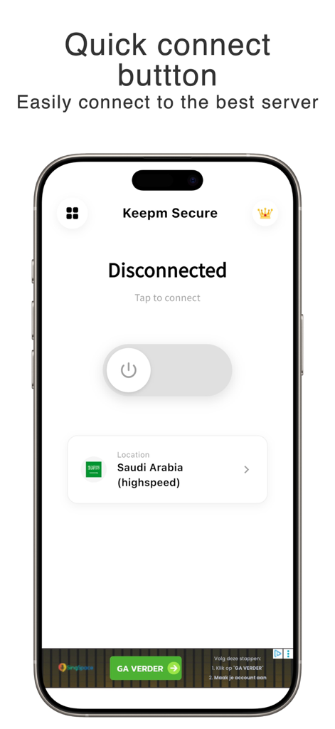 Keepm Secure - Interfaz de la aplicación Keepm Secure VPN mostrando un botón de conexión rápida de un toque para acceso a Internet seguro