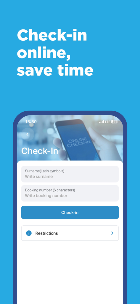 AZAL - Book Flight Ticket - AZAL airline app online check-in interface with surname and booking number fields