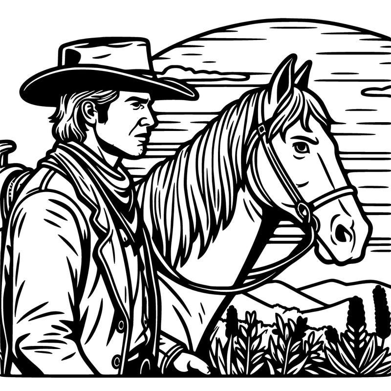 arthur morgan fronted dead redemption two with his horse in a sunset