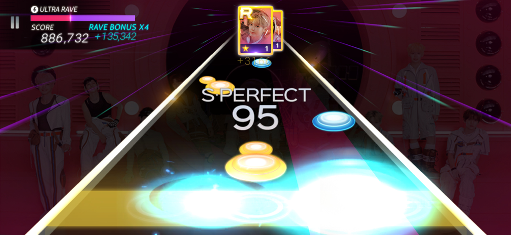 SUPERSTAR WAKEONE - Juego del juego de ritmo SUPERSTAR WAKEONE con notas musicales y cartas de artista de K-pop.