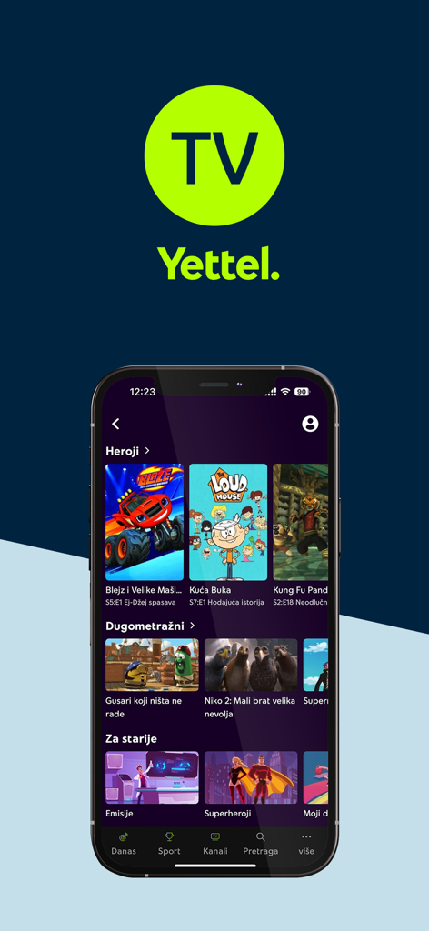Yettel TV - Yettel TV app interface on a smartphone screen showing cartoon titles for kids