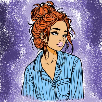 realistic woman with pajamas on and a messy bun