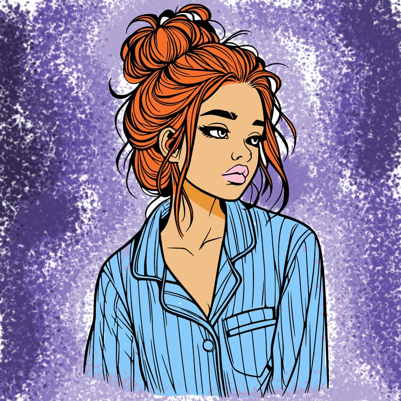 realistic woman with pajamas on and a messy bun