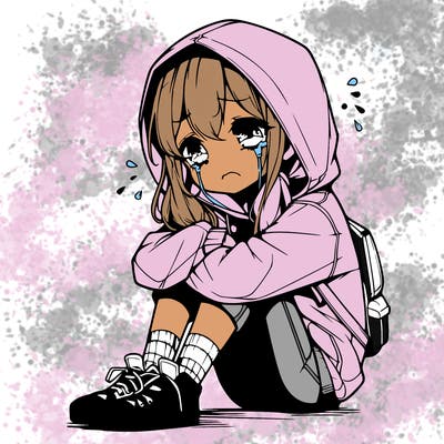realistic anime girl crying on the floor in a hoodie and with a ponytail