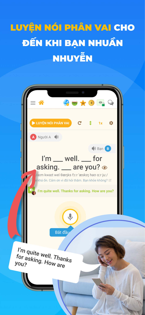 A woman using the Lang Kingdom app to practice English conversation with a role play exercise