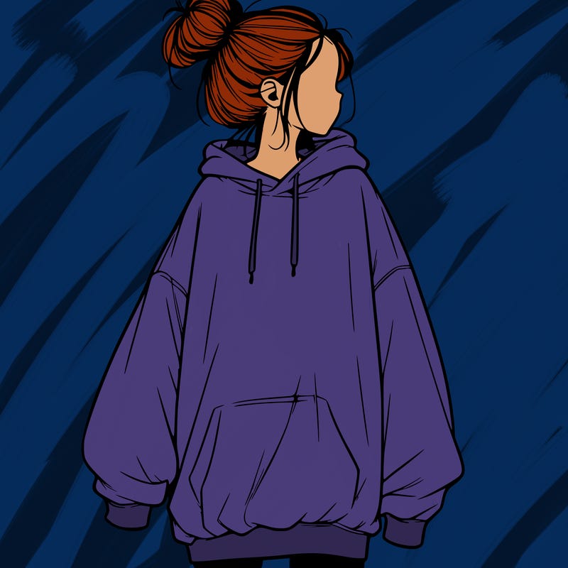 realistic girl with a oversized sweatshirt on and a bun