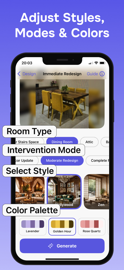 AI Room Design : Home Planner - Una interfaz móvil de la aplicación AI Room Design que muestra opciones para ajustar el tipo de habitación, el estilo y las paletas de colores.