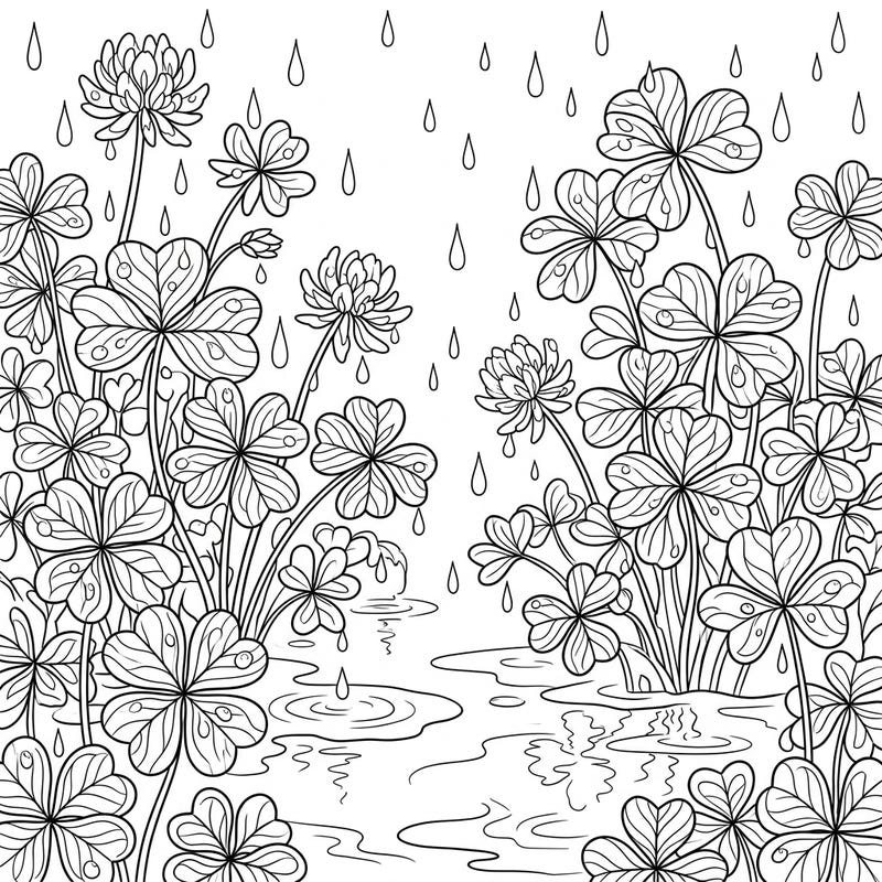 Immerse yourself in the gentle beauty of a rainy day with this intricate shamrock flowers coloring page. Discover the joy of adding vibrant hues to delicate clover leaves and blossoms amidst falling raindrops and serene puddles.