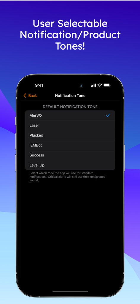 AlerWX - Pantalla de selección de tono de notificación personalizable en la aplicación meteorológica AlerWX