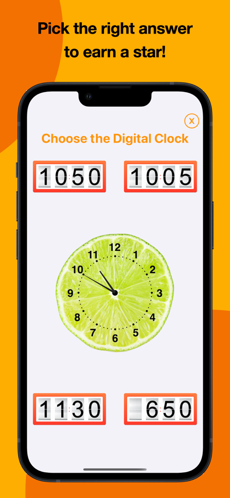Kids Tell Time! - Kids Tell Time app screenshot showing a game where children match an analog lime clock to one of four digital clock options