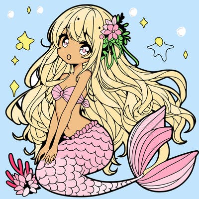 a beautiful anime mermaid with flowing hair and a beautiful tail