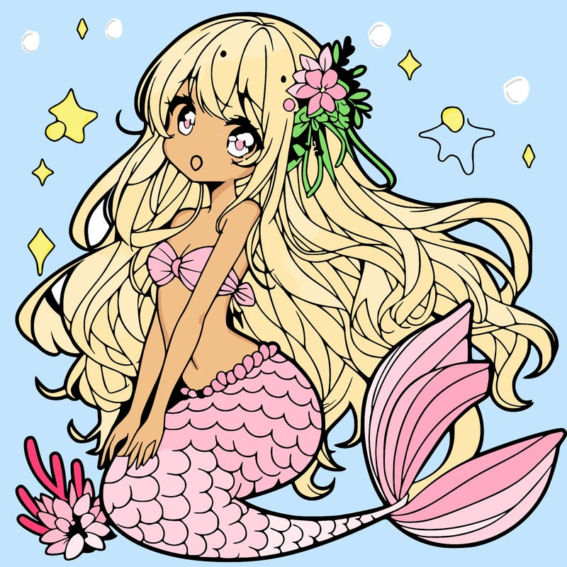 a beautiful anime mermaid with flowing hair and a beautiful tail