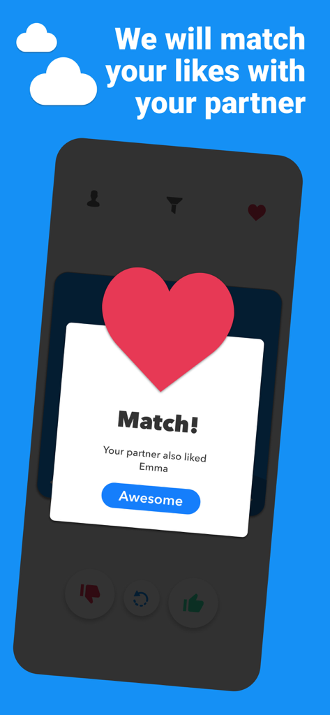 Kinder - Find Baby Names - Kinder app interface showing a baby name match notification with a partner
