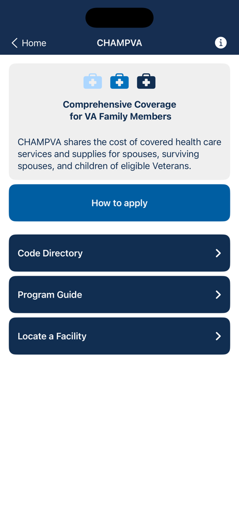 CHAMPVA app home screen showing coverage information and main menu buttons for program benefits and facility search