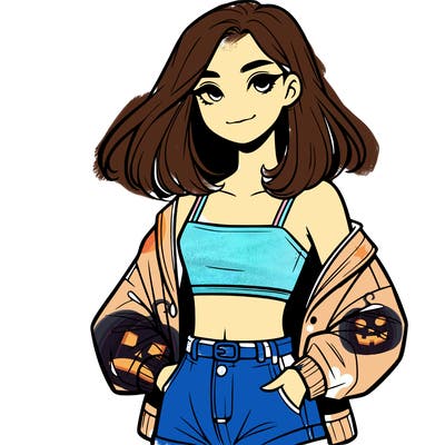a realistic girl with a crop top and short shorts in an open jacket