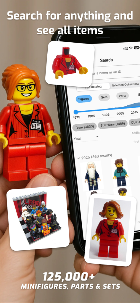 BrickScanアプリインターフェースが検索可能なレゴミニフィギュア、パーツ、セットのカタログを表示