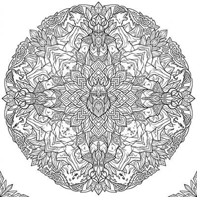 Immerse yourself in the frosty world of Norse mythology with this stunning Frost Giants Mandala. This intricate design combines powerful elemental figures with symmetrical beauty for an epic coloring experience.