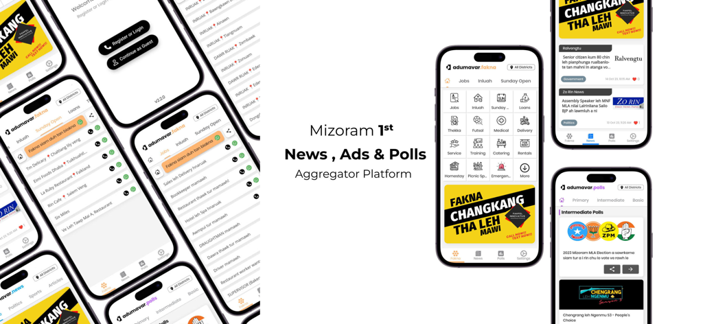 aDumAVar - aDumAVar app screens displaying Mizoram local news classified ads and community polls