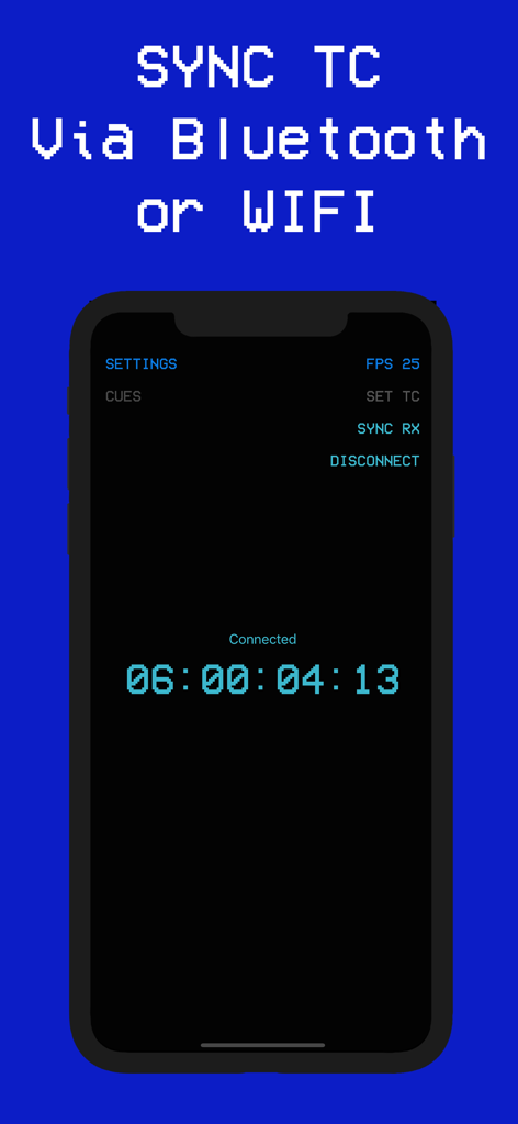 Timecode Gen - Timecode Gen smartphone interface demonstrating wireless timecode synchronization via Bluetooth and Wi-Fi.