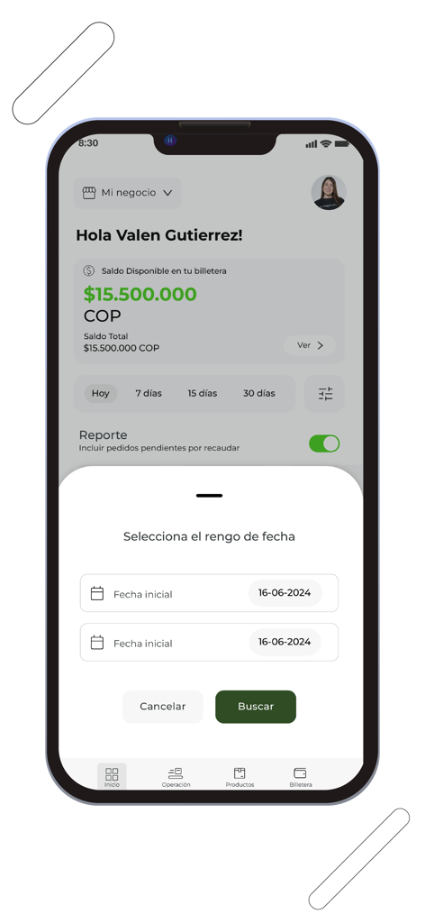 Painel do aplicativo Mastershop com saldo da carteira e seleção de intervalo de datas para relatórios