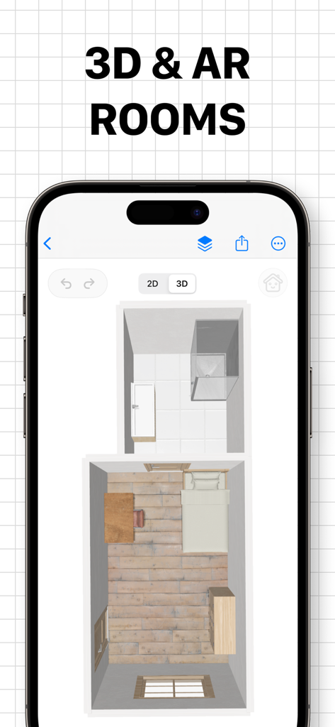 Floor Plan & AI Home - CamPlan - Plano 3D de un dormitorio y un baño en la pantalla de un smartphone mostrando las funciones de diseño de interiores de la aplicación CamPlan