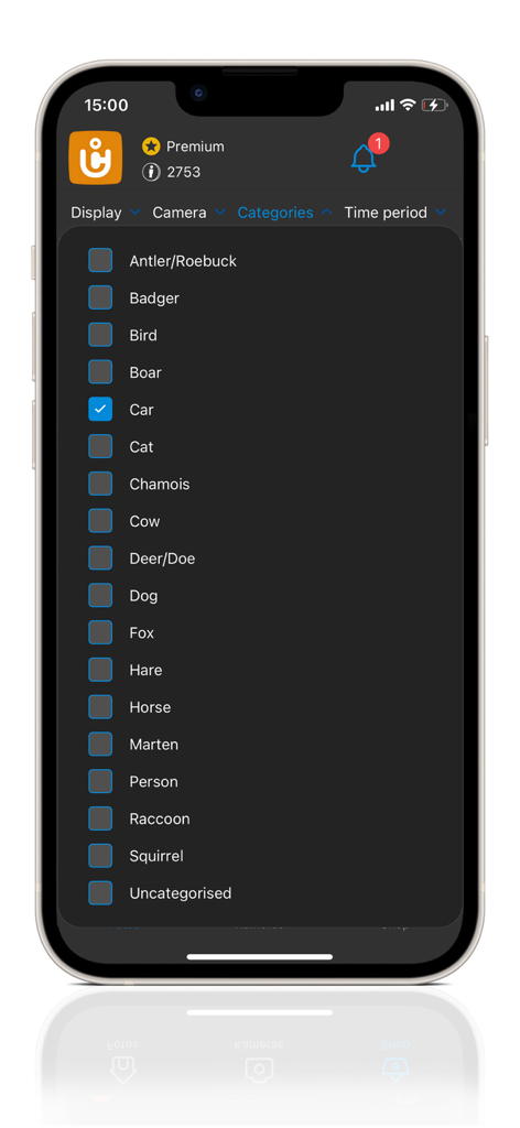 ICU CLOM APP - ICU CLOM APP screen showing wildlife and object categories for filtering camera images such as deer, boar, and car