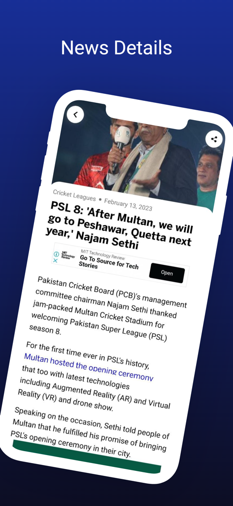 Cricket news details on the Geo Super official mobile app.