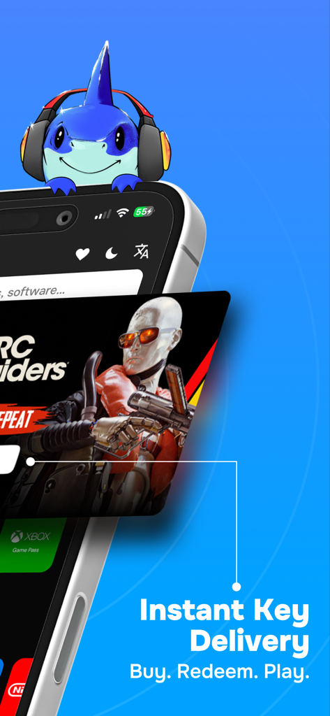 Interfaz de la aplicación móvil Driffle Marketplace promocionando la entrega instantánea de llaves de juegos