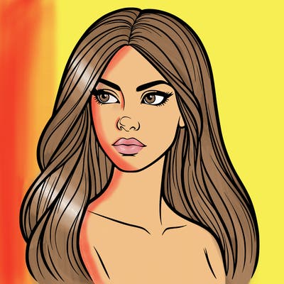 one realistic woman with long hair and serious face looking off into distance