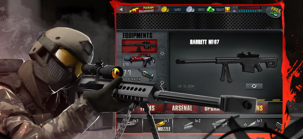 Soldado francotirador apuntando un rifle junto al menú de equipo del Barrett M107