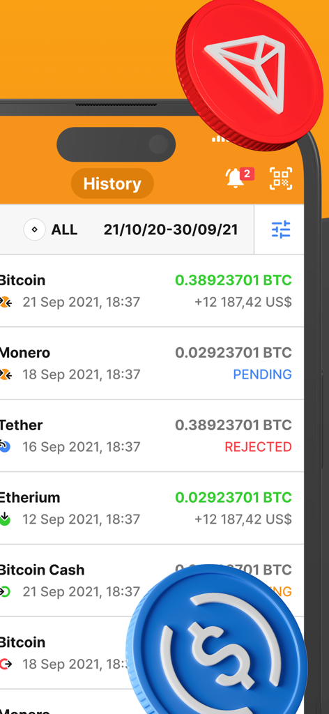 A mobile screen showing the transaction history of various cryptocurrencies in the NC Wallet app