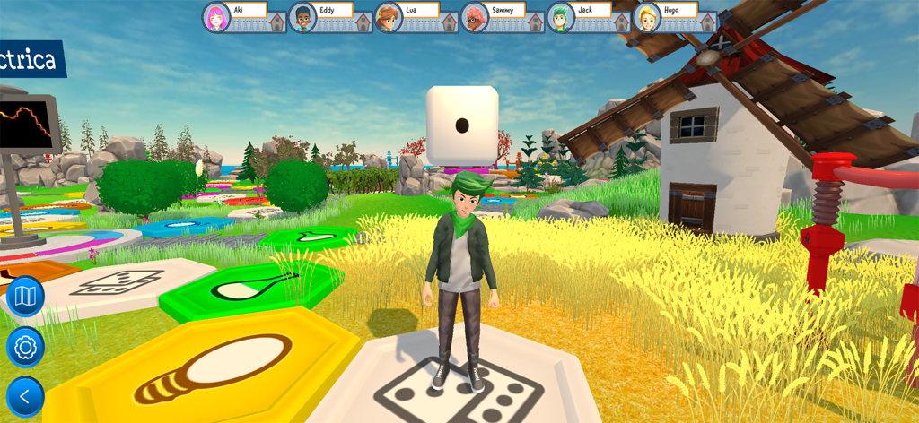entreREDes - A 3D character avatar standing on a hexagonal tile of a virtual board game with a windmill and floating die