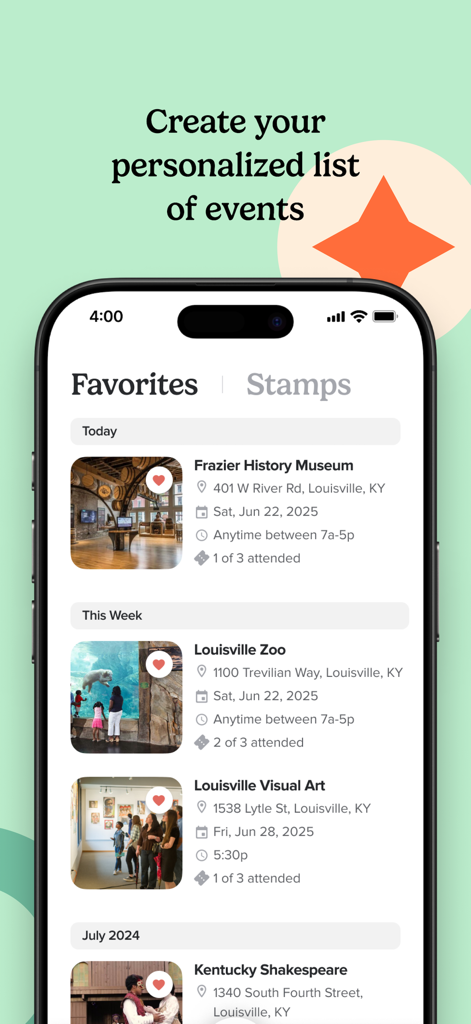 A mobile app screen showing a personalized list of favorite cultural events and venues like the Louisville Zoo