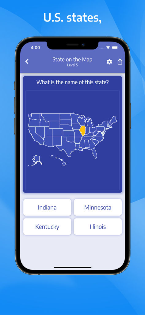Quiz Geo App-Bildschirm mit einer Geografie-Trivia-Frage zur Identifizierung eines hervorgehobenen US-Bundesstaates auf einer Karte.